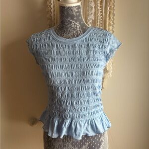 We The Free Sky Blue Smocked Short Sleeve Top